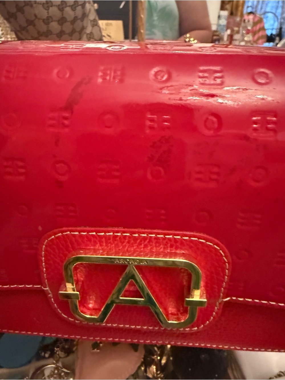 Arcadia Red Patent Leather Shoulder Bag with Gold 'A' Hardware